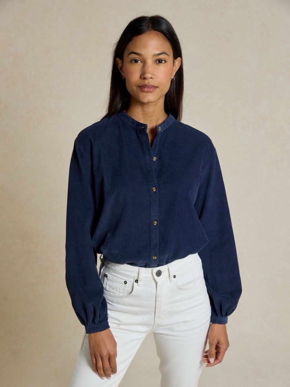 Women's Navy Button-Front Blouse - Corduroy